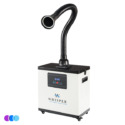 Whisper™ Nail Salon Source Capture System | Single Station with a black flexible hose extending upward and forward. The unit has a digital display, control buttons, and sits on small wheels. Three color circles (purple, blue, aqua) appear in the bottom left corner. Read more at Aerovex Systems (aerovexsystems.com)