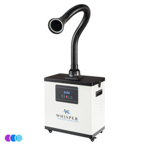 Whisper™ Nail Salon Source Capture System | Single Station with a black flexible hose extending upward and forward. The unit has a digital display, control buttons, and sits on small wheels. Three color circles (purple, blue, aqua) appear in the bottom left corner. Read more at Aerovex Systems (aerovexsystems.com)