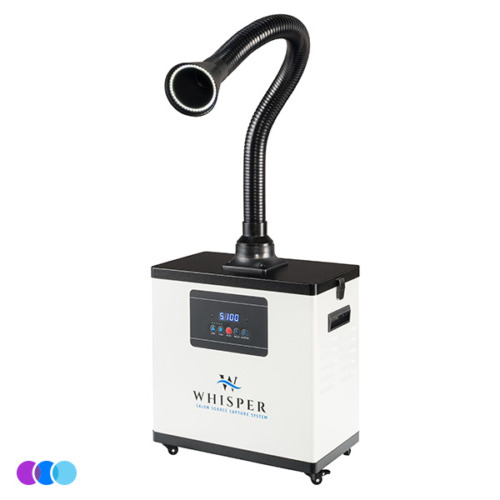 Whisper™ Nail Salon Source Capture System | Single Station with a black flexible hose extending upward and forward. The unit has a digital display, control buttons, and sits on small wheels. Three color circles (purple, blue, aqua) appear in the bottom left corner. Read more at Aerovex Systems (aerovexsystems.com)
