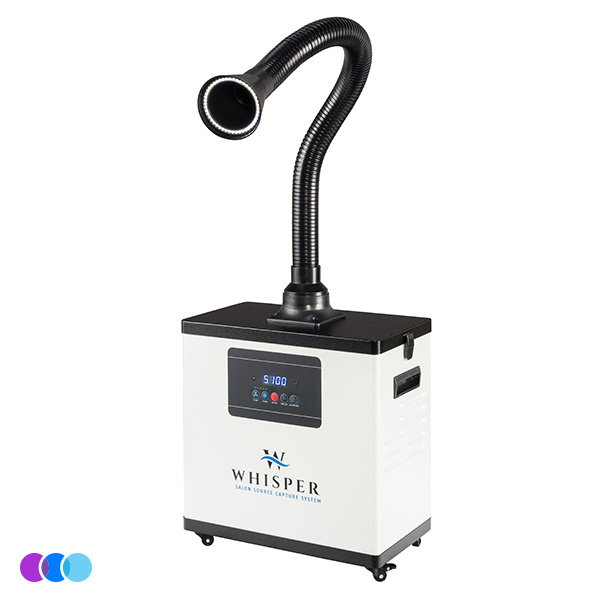 Whisper™ Nail Salon Source Capture System | Single Station with a black flexible hose extending upward and forward. The unit has a digital display, control buttons, and sits on small wheels. Three color circles (purple, blue, aqua) appear in the bottom left corner. Read more at Aerovex Systems (aerovexsystems.com)