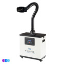 A white Aerovex Whisper™ salon source capture system has a digital control panel, four wheels, and a long, flexible black hose ending in a wide nozzle, designed for capturing air contaminants at their source. Read more at Aerovex Systems (aerovexsystems.com)