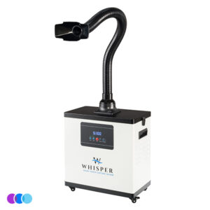 A white Aerovex Whisper™ salon source capture system has a digital control panel, four wheels, and a long, flexible black hose ending in a wide nozzle, designed for capturing air contaminants at their source. Read more at Aerovex Systems (aerovexsystems.com)