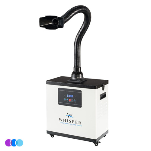 aerovex-whisper-white-single-recirculate-side A white Aerovex Whisper™ salon source capture system has a digital control panel, four wheels, and a long, flexible black hose ending in a wide nozzle, designed for capturing air contaminants at their source. Read more at Aerovex Systems (aerovexsystems.com)