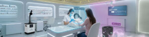 A bright, modern nail salon shows a masked nail tech treating a seated woman under a blue “Breathing Zone” dome. Air purifiers, and a digital screen displaying “Aerovex Systems” are present, highlighting the 3-Zone clean air zones throughout the room for an article discussing nail salon hygiene red flags. Read more at Aerovex Systems (aerovexsystems.com)