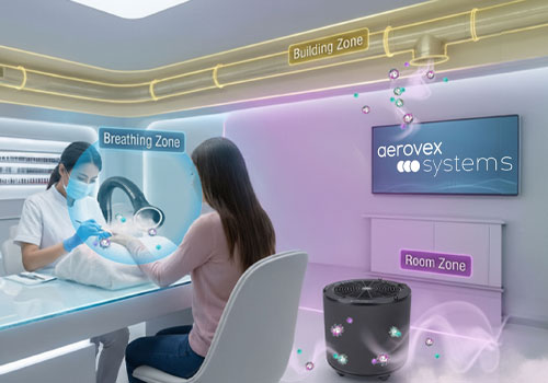 A nail technician wearing a mask files a client's nails in a modern salon. Invisible airflow zones labeled "Breathing Zone," "Room Zone," and "Building Zone" are shown, with an Aerovex Systems The One That Works air purifier nearby and a Whisper Source Capture System hose at the desk. A monitor displays the company logo. Read more at Aerovex Systems (aerovexsystems.com)