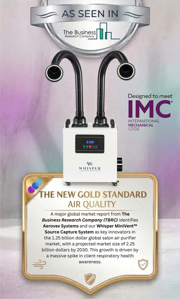 A promotional graphic features a white Aerovex Whisper MiniVent with two flexible black hoses. Above it is a badge reading AS SEEN IN The Business Research Company. Below, text highlights Whisper MiniVent as an air quality innovation, projecting a $2.25B market by 2030. Read more at Aerovex Systems (aerovexsystems.com)