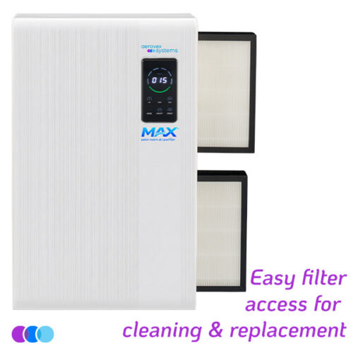 aerovex-max-wall-mount-air-purifier-easy-clean-breakout-w-text A white Aerovex Max wall mounted air purifier with a digital display on the front, showing two rectangular filters partially removed from its side. Text at the bottom right reads, "Easy filter access for cleaning & replacement" in purple and blue. Read more at Aerovex Systems (aerovexsystems.com)