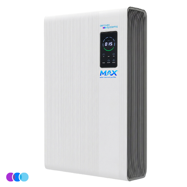A sleek, white Aerovex Max Dual Core Wall Mounted Air Purifier with vertical grooves, a digital display, and controls on the front panel. The device has rounded edges and air vents along the side. The display shows numbers and symbols. Three colored circles are in the bottom left corner. Read more at Aerovex Systems (aerovexsystems.com)
