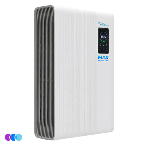 aerovex-max-wall-mount-air-purifier-filter-display-face-rt A sleek, rectangular white Aerovex Max wall mounted air purifier with vertical grooves on the front and a dark vent on the side. A digital display screen shows numbers and controls near the top right of the front panel. Three small colored circles are in the bottom left corner. Read more at Aerovex Systems (aerovexsystems.com)