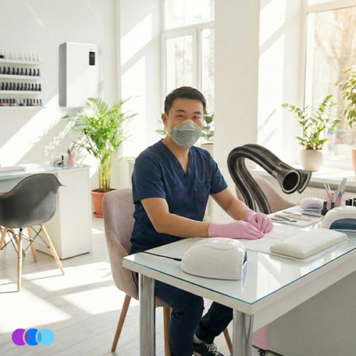 aerovex-n95-whisper-max-white-asian-male-tech Wearing an Airwave 4800 N95 Mask Plus Relief From Organic Vapors, navy scrubs, and pink gloves, a person sits at a manicure station in a bright nail salon with an Aerovex Whisper dust collector in pink for organic vapors, plants, desk lamp, and sunlight from large windows. An Aerovex Max Wall Mounted Air Purifier is seen on the back wall with shelves of nail polish. Read more at Aerovex Systems (aerovexsystems.com)
