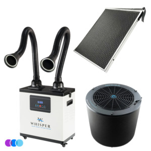 Image shows the Nail Salon Three Zone Protection Package: an Aerovex Whisper™ source capture system with two flexible extractor arms with led lights at left, a cylindrical black The One That Works room air purifier at below right and a Dust Plus vent filter at top right. Three colored circles (blue, purple, cyan) are at bottom left. Read more at Aerovex Systems (aerovexsystems.com)