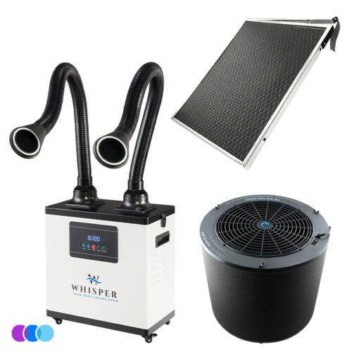 aerovex-nail-salon-3-zone-dust-plus-totw-whisper-white-dual-recirculating-led-2026 Image shows the Nail Salon Three Zone Protection Package: an Aerovex Whisper™ source capture system with two flexible extractor arms with led lights at left, a cylindrical black The One That Works room air purifier at below right and a Dust Plus vent filter at top right. Three colored circles (blue, purple, cyan) are at bottom left. Read more at Aerovex Systems (aerovexsystems.com)