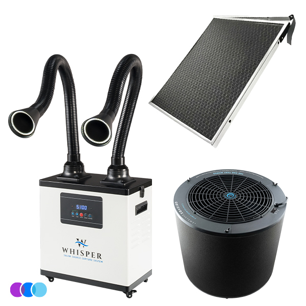 Image shows the Nail Salon Three Zone Protection Package: an Aerovex Whisper™ source capture system with two flexible extractor arms with led lights at left, a cylindrical black The One That Works room air purifier at below right and a Dust Plus vent filter at top right. Three colored circles (blue, purple, cyan) are at bottom left. Read more at Aerovex Systems (aerovexsystems.com)