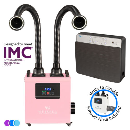 aerovex-nail-tech-value-gray-whisper-pink-dual-vto-led-imc A pink Aerovex WHISPER MiniVent salon source capture system with two flexible black exhaust hoses with LED lights and digital display is shown next to a gray wall-mounted air purifier unit. Icons indicate it meets IMC standards and includes an exhaust hose that vents to the outside. Read more at Aerovex Systems (aerovexsystems.com)