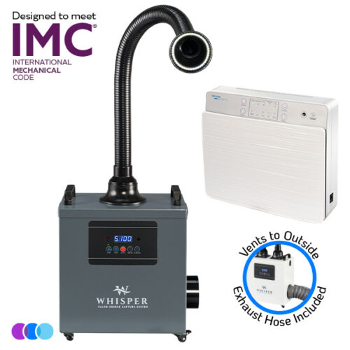 aerovex-nail-tech-value-white-whisper-gray-single-vto-led-imc A gray Aerovex WHISPER MiniVent salon source capture system with a flexible black exhaust hose with LED light and digital display is shown next to a white wall-mounted air purifier unit. Icons indicate it meets IMC standards and includes an exhaust hose that vents to the outside. Read more at Aerovex Systems (aerovexsystems.com)