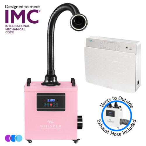 aerovex-nail-tech-value-white-whisper-pink-single-vto-led-imc A pink Aerovex WHISPER MiniVent salon source capture system with a flexible black exhaust hose with LED light and digital display is shown next to a white wall-mounted air purifier unit. Icons indicate it meets IMC standards and includes an exhaust hose that vents to the outside. Read more at Aerovex Systems (aerovexsystems.com)