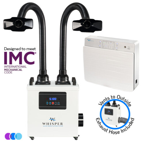 aerovex-nail-tech-value-white-whisper-white-dual-vto-imc A white Aerovex Whisper MiniVent air filtration unit with two flexible black hoses and rectangular nozzles, a digital display, and multiple control buttons. To the right, a wall-mounted white air purifier is shown, labeled "Vents to Outside," with a sticker stating "Exhaust Hose Included. Read more at Aerovex Systems (aerovexsystems.com)