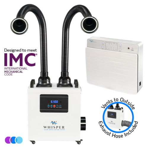 aerovex-nail-tech-value-white-whisper-white-dual-vto-led-imc A white Aerovex WHISPER MiniVent salon source capture system with two flexible black exhaust hoses with LED lights and digital display is shown next to a white wall-mounted air purifier unit. Icons indicate it meets IMC standards and includes an exhaust hose that vents to the outside. Read more at Aerovex Systems (aerovexsystems.com)