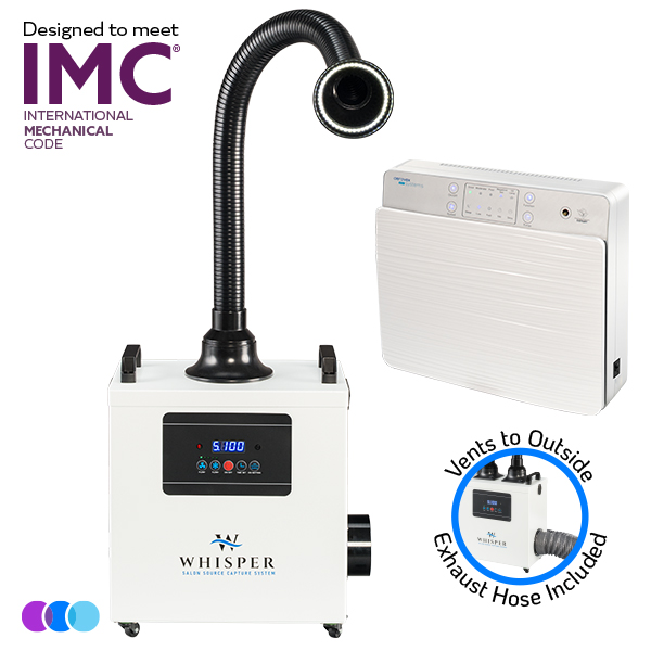 A white Aerovex WHISPER MiniVent salon source capture system with a flexible black exhaust hose with LED light and digital display is shown next to a white wall-mounted air purifier unit. Icons indicate it meets IMC standards and includes an exhaust hose that vents to the outside. Read more at Aerovex Systems (aerovexsystems.com)