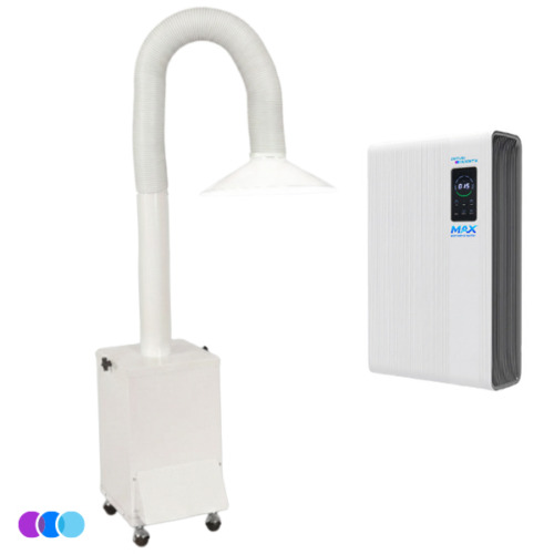 The Hair Salon Max Value Package includes a portable Aerovex Original Salon Source Capture System white fume extractor with a flexible hose and hood on wheels beside a compact, rectangular Aerovex Max air purifier with digital controls. Three colored circles decorate the corner. Both units offer modern air filtration. Read more at Aerovex Systems (aerovexsystems.com)