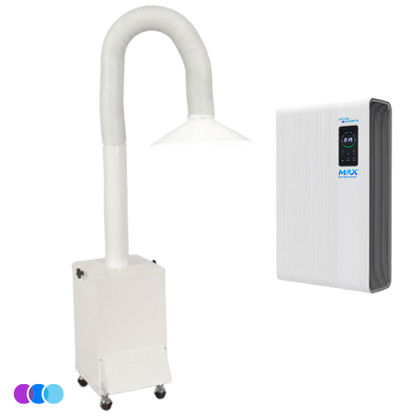 The Hair Salon Max Value Package includes a portable Aerovex Original Salon Source Capture System white fume extractor with a flexible hose and hood on wheels beside a compact, rectangular Aerovex Max air purifier with digital controls. Three colored circles decorate the corner. Both units offer modern air filtration. Read more at Aerovex Systems (aerovexsystems.com)