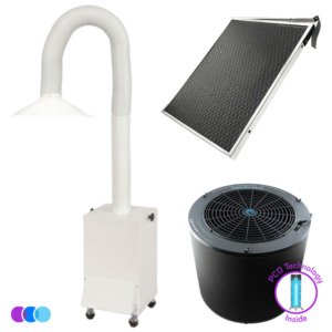 The image shows three air purifier devices: a tall white Aerovex Original Salon Source Capture System unit with a flexible hose and hood, a flat rectangular Dust Plus filter panel with a grid-like surface, and a round black Aerovex The One That Works with PCO Technology air purifier with control buttons, vents, and a sticker reading "PCO Technology Inside. Read more at Aerovex Systems (aerovexsystems.com)