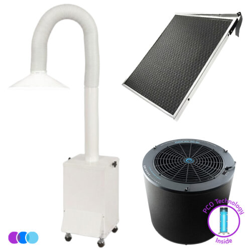 The image shows three air purifier devices: a tall white Aerovex Original Salon Source Capture System unit with a flexible hose and hood, a flat rectangular Dust Plus filter panel with a grid-like surface, and a round black Aerovex The One That Works with PCO Technology air purifier with control buttons, vents, and a sticker reading "PCO Technology Inside. Read more at Aerovex Systems (aerovexsystems.com)