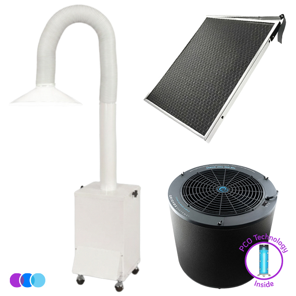 The image shows three air purifier devices: a tall white Aerovex Original Salon Source Capture System unit with a flexible hose and hood, a flat rectangular Dust Plus filter panel with a grid-like surface, and a round black Aerovex The One That Works with PCO Technology air purifier with control buttons, vents, and a sticker reading "PCO Technology Inside. Read more at Aerovex Systems (aerovexsystems.com)