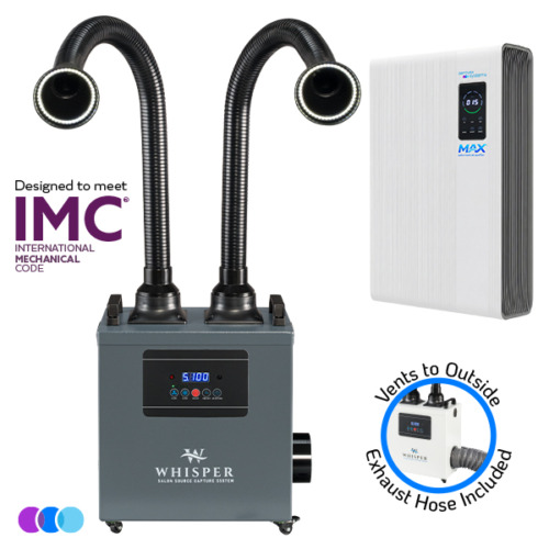 aerovex-pro-max-whisper-gray-dual-vto-led A gray Aerovex WHISPER MiniVent™ source capture system with two flexible black suction hoses with LED lights, digital display, and control panel. Nearby are a white wall-mounted MAX air purifier unit and a smaller exhaust hose unit, with text noting IMC compliance and exterior venting. Three color dots below. Read more at Aerovex Systems (aerovexsystems.com)
