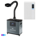 A gray Aerovex WHISPER™ source capture system with one flexible black suction hose, digital display, and control panel. To the right is a white wall-mounted MAX air purifier unit. Three color dots below. Read more at Aerovex Systems (aerovexsystems.com)