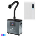 A gray Aerovex WHISPER™ source capture system with one flexible black suction hose with LED light, digital display, and control panel. To the right is a white wall-mounted MAX air purifier unit. Three color dots below. Read more at Aerovex Systems (aerovexsystems.com)