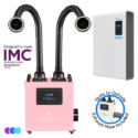 A pink Aerovex WHISPER MiniVent™ source capture system with two flexible black suction hoses with LED lights, digital display, and control panel. Nearby are a white wall-mounted MAX air purifier unit and a smaller exhaust hose unit, with text noting IMC compliance and exterior venting. Three color dots below. Read more at Aerovex Systems (aerovexsystems.com)