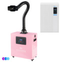 A pink Aerovex WHISPER™ source capture system with one flexible black suction hose, digital display, and control panel. To the right is a white wall-mounted MAX air purifier unit. Three color dots below. Read more at Aerovex Systems (aerovexsystems.com)