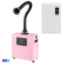 A pink Aerovex WHISPER™ source capture system with one flexible black suction hose with LED light, digital display, and control panel. To the right is a white wall-mounted MAX air purifier unit. Three color dots below. Read more at Aerovex Systems (aerovexsystems.com)