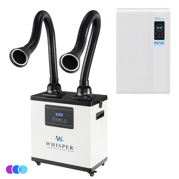 A white Aerovex WHISPER™ source capture system with two flexible black suction hoses with LED lights, digital display, and control panel. To the right is a white wall-mounted MAX air purifier unit. Three color dots below. Read more at Aerovex Systems (aerovexsystems.com)