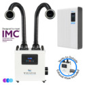 A white Aerovex WHISPER MiniVent™ source capture system with two flexible black suction hoses with LED lights, digital display, and control panel. Nearby are a white wall-mounted MAX air purifier unit and a smaller exhaust hose unit, with text noting IMC compliance and exterior venting. Three color dots below. Read more at Aerovex Systems (aerovexsystems.com)