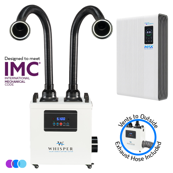 A white Aerovex WHISPER MiniVent™ source capture system with two flexible black suction hoses with LED lights, digital display, and control panel. Nearby are a white wall-mounted MAX air purifier unit and a smaller exhaust hose unit, with text noting IMC compliance and exterior venting. Three color dots below. Read more at Aerovex Systems (aerovexsystems.com)