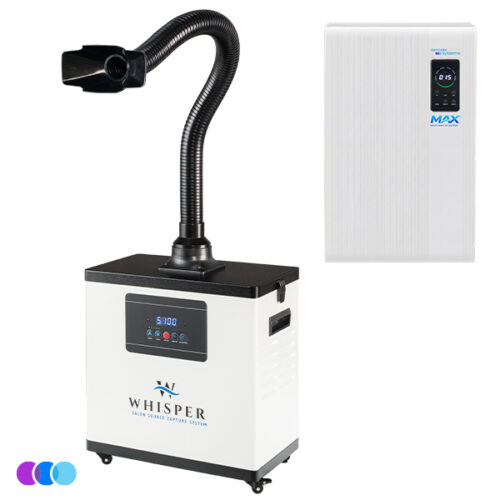 aerovex-pro-max-whisper-white-single-recirculating A white Aerovex WHISPER™ source capture system with one flexible black suction hose, digital display, and control panel. To the right is a white wall-mounted MAX air purifier unit. Three color dots below. Read more at Aerovex Systems (aerovexsystems.com)