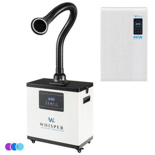 aerovex-pro-max-whisper-white-single-recirculating-led A white Aerovex WHISPER™ source capture system with one flexible black suction hose with LED light, digital display, and control panel. To the right is a white wall-mounted MAX air purifier unit. Three color dots below. Read more at Aerovex Systems (aerovexsystems.com)