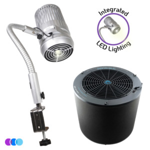A silver Aerovex Systems Sunflower II LED Nail Dust Collector with a flexible neck is shown above a round black The One That Works air purifier from the Nail Salon Air Pro Package. A circular badge says "Integrated LED Lighting" with a Sunflower II with the light turned on. Three colored dots appear underneath. Read more at Aerovex Systems (aerovexsystems.com)