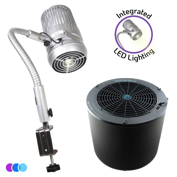 A silver Aerovex Systems Sunflower II LED Nail Dust Collector with a flexible neck is shown above a round black The One That Works air purifier from the Nail Salon Air Pro Package. A circular badge says "Integrated LED Lighting" with a Sunflower II with the light turned on. Three colored dots appear underneath. Read more at Aerovex Systems (aerovexsystems.com)