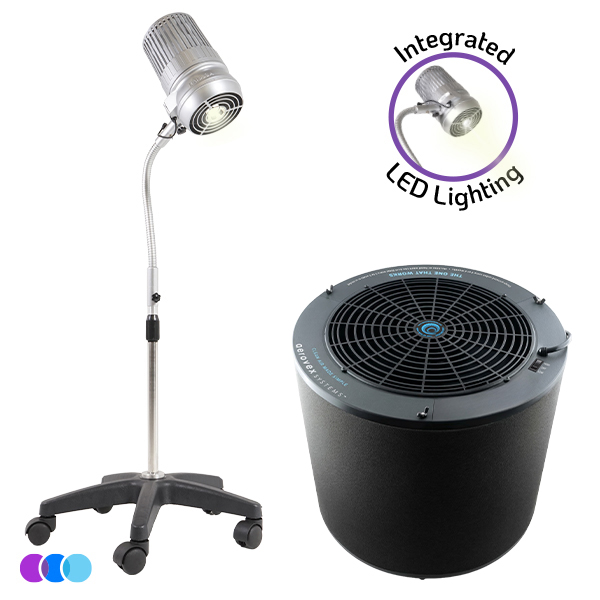 A silver Aerovex Systems Sunflower II LED Nail Dust Collector on an adjustable wheeled stand is shown beside a The One That Works Air purifier - both a part of the Pedicure Air Pro Package. Above the lamp is a circular badge reading "Integrated LED Lighting" with an image of the lamp’s head with the light on. Read more at Aerovex Systems (aerovexsystems.com)
