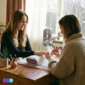 Two women sit at a wooden table by a sunlit window in a cozy room. One gives the other a manicure using an Aerovex Sunflower II Nail Dust Collector to capture debris. Read more at Aerovex Systems (aerovexsystems.com)