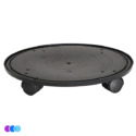 The One That Works™ Salon Room Air Purifier rolling base is displayed against a plain white background. Three small circles—purple, blue, and cyan—are in the lower left corner. The purifier has a sleek black, round design with smooth contours. Read more at Aerovex Systems (aerovexsystems.com)