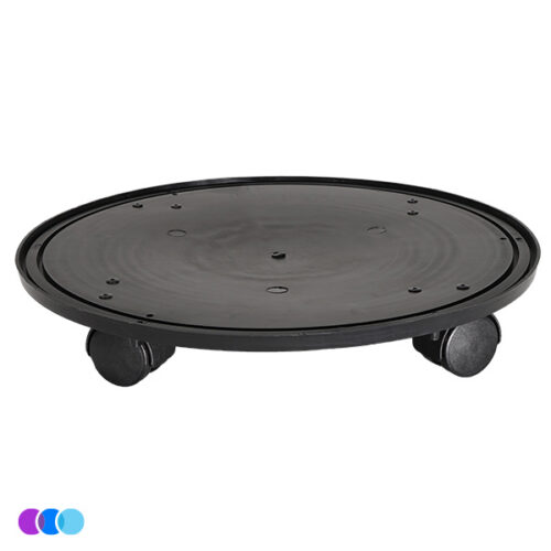 aerovex-the-one-that-works-totw-wheeled-base-platform The One That Works™ Salon Room Air Purifier rolling base is displayed against a plain white background. Three small circles—purple, blue, and cyan—are in the lower left corner. The purifier has a sleek black, round design with smooth contours. Read more at Aerovex Systems (aerovexsystems.com)