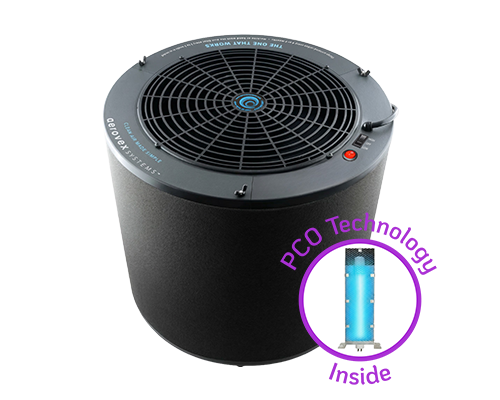 A black The One That Works with PCO Technology from Aerovex Systems features a top vent and control buttons. A purple circle at the bottom right highlights a blue cylindrical component, labeled PCO Technology Inside, indicating advanced purification technology. Read more at Aerovex Systems (aerovexsystems.com)