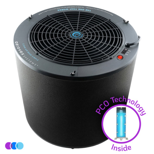 aerovex-the-one-that-works-with-pco-totw-2026 The One That Works™ Salon Room Air Purifier with PCO Technology is a cylindrical black device with a top circular fan, labeled on the front. An inset reveals a blue UV light and the words PCO Technology Inside, with three colored circles shown in the bottom left corner. Read more at Aerovex Systems (aerovexsystems.com)