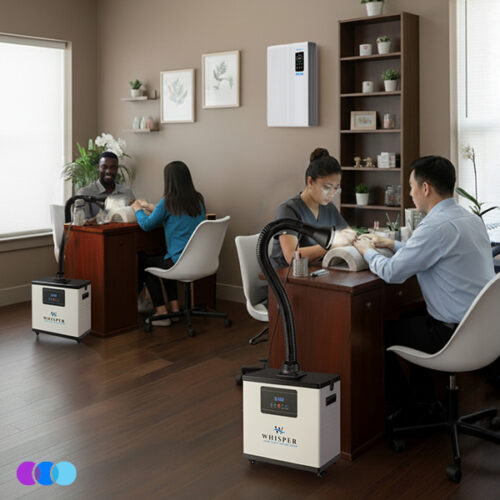 aerovex-whisper-2-single-white-led-noled-max-wall-mount-air-purifier-studio Two nail technicians work on clients' manicures at separate desks in a modern, well-lit salon. Each desk has a portable white Aerovex Systems Whisper Source Capture System. Each has a flexible black hose, with LED lit end positioned near the client's hands. Art and plants decorate the light-colored walls. Read more at Aerovex Systems (aerovexsystems.com)