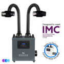 A gray portable Aerovex Systems Whisper MiniVent™ Source Capture System with dual black flexible arms. Display screen on front shows controls. Text indicates it meets IMC codes and includes an exhaust hose for venting outside. IMC and hose details are shown in labeled circles. Read more at Aerovex Systems (aerovexsystems.com)