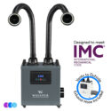 The Whisper MiniVent™ Source Capture System | Dual Station, shown in gray with dual flexible exhaust hoses, features a digital display and three color indicators. An inset highlights the exterior vent. “Designed to meet IMC International Mechanical Code” appears above. Read more at Aerovex Systems (aerovexsystems.com)